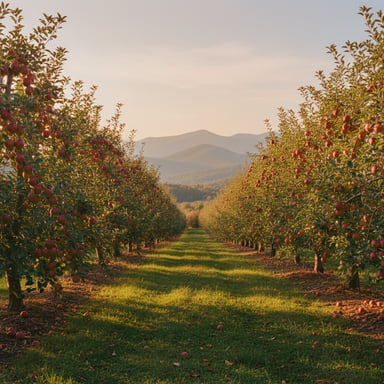 Apple orchard with ripe red apples and mountain backdrop at golden hour