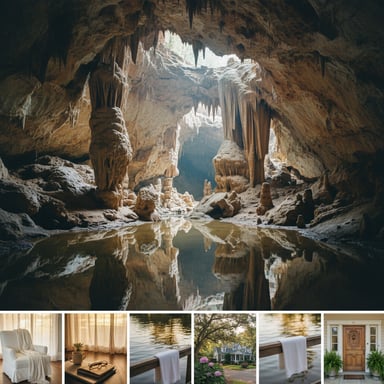 Limestone cave formations with soft natural light illuminating stalactites